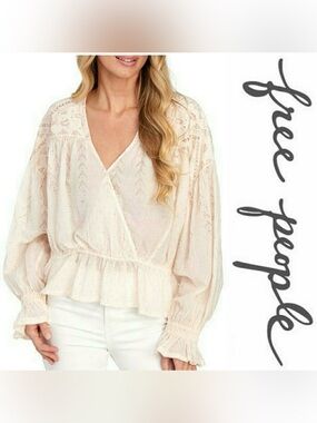 Free People Cream Lace Yoke Peplum Wrap Blouse